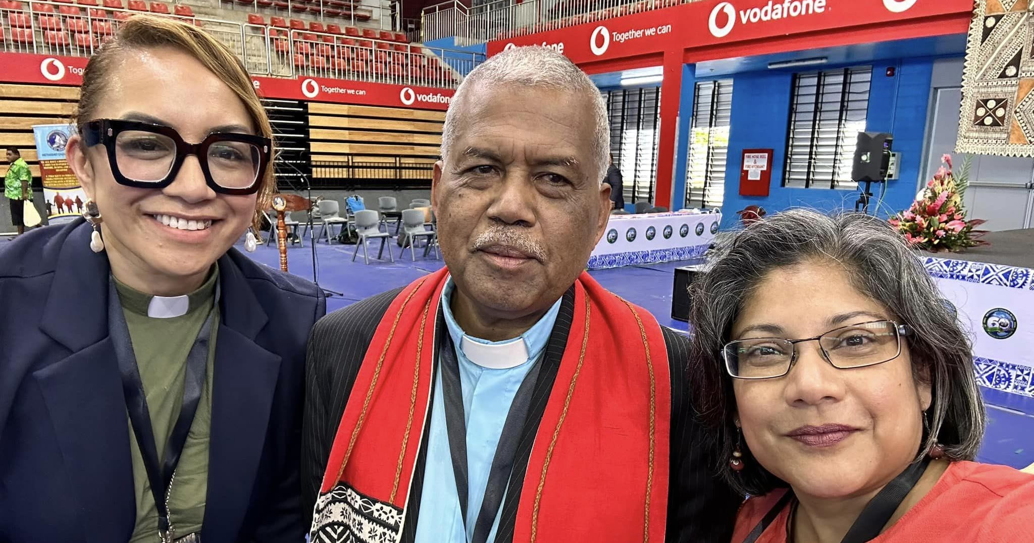 Uniting Church in Australia President, Rev Charissa Suli, MCIF President Rev Dr Semisi Turagavou, and UnitingWorld National Director Dr Sureka Goringe at the MCIF Conference in Suva, Aug 2024